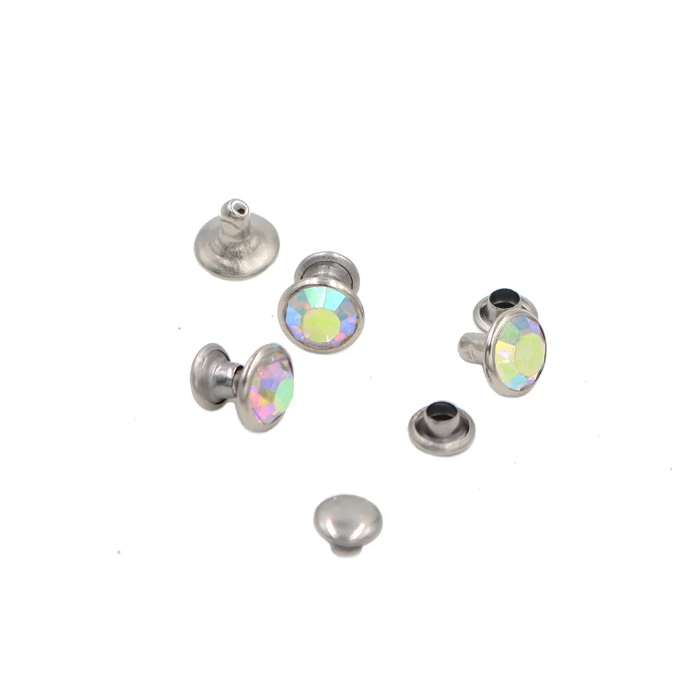 100Sets Rhinestone Rivets AB Color Crystal Metal Base Studs for Clothing Bag Leathercraft Rivet Rivets for Leather