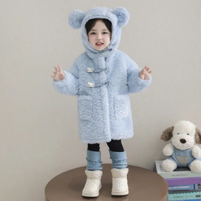 

Толстое теплое пальто Kawaii для девочек «Hello Kitty», осень-зима, новинка 2024, модная детская толстовка с капюшоном в стиле аниме, удобная повседневная одежда