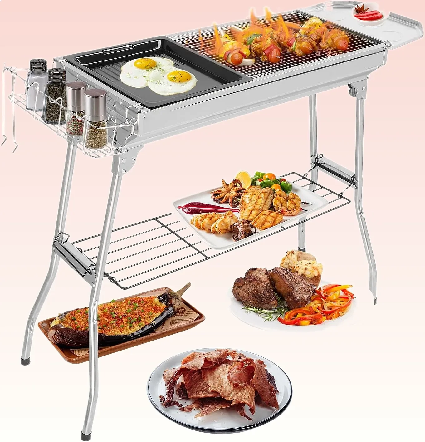 Karl home Portable Charcoal Grill, 39 x 12x 28" Foldable Barbecue Grill, Stainless Steel BBQ Grill for Cooking Outdoor Camping Garden Beach Party Hiking Picnic(Large)