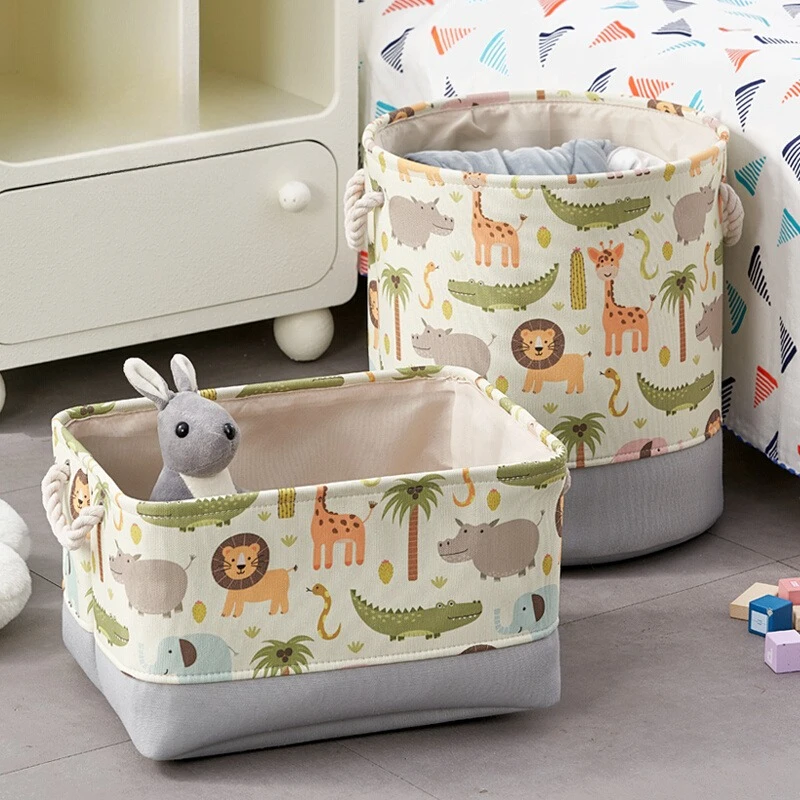Cartoon Cotton-Linen Storage Basket, Jumbo Toy Organizer Bin, Dustproof Drawstring Carry Bag, Collapsible Home Clutter Solution