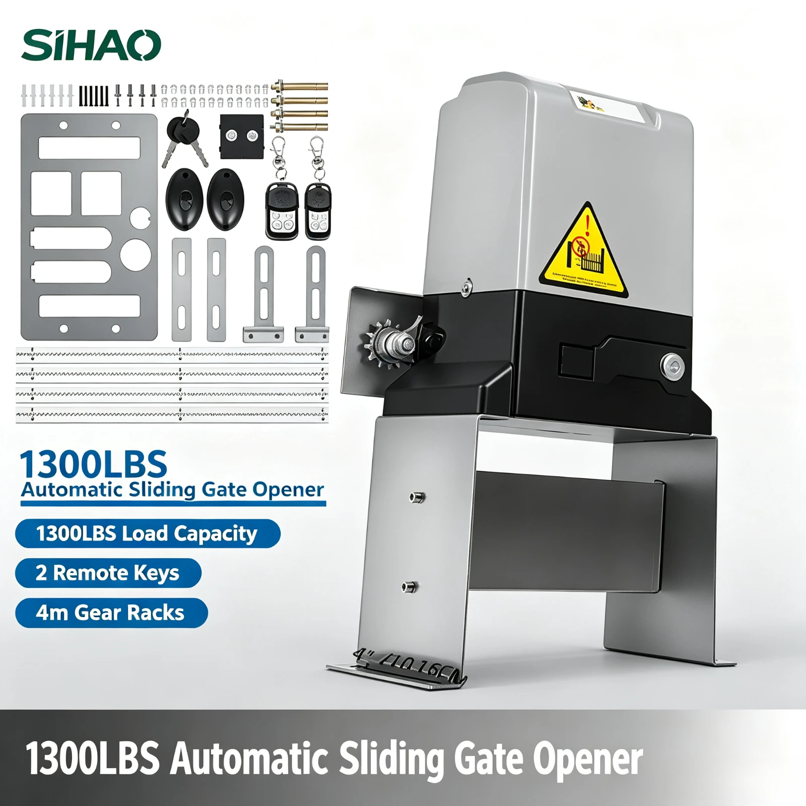 SIHAO Electric Gate Operator‑Automatic Sliding Gate Opener‑1300LBS Load Capacity‑Including 2 Remote Keys & 4m Gear Racks‑Suitable for Hotel, Factory, School Premises