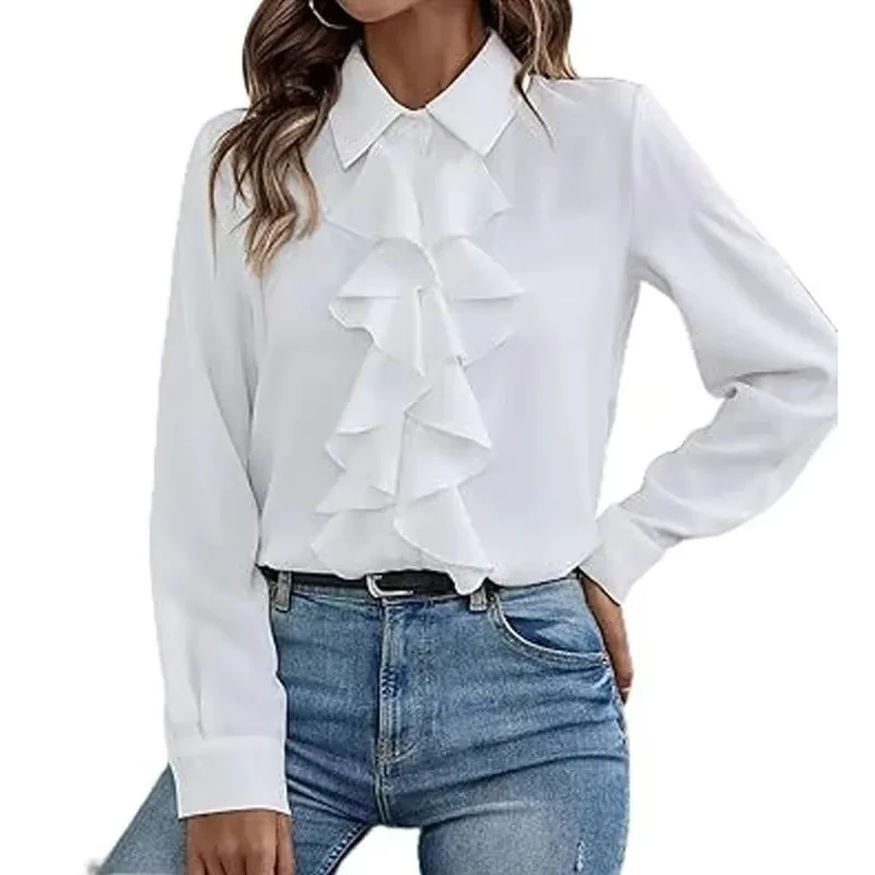 Ruffle Jabot Shirt Work Office Tops Long Sleeve Lapel Collar Women Fashion Casual Formal Frill Tie Button Blouse