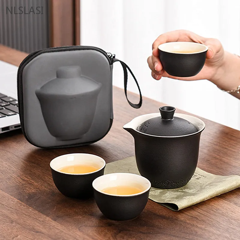 

Custom Portable Travel Tea Set High-end Japanese Tea Pot Teacup Storage Bag Suit Ceramic Tea Set One Pot Three Cups Home Teaware