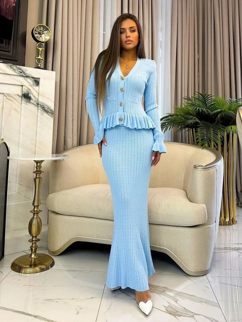 Modisches Strick-Meerjungfrauenkleid Frühlingsmode Damen 2026 V-Ausschnitt Rüschen Slim Fit Maxi Langes Kleid OL-Stil Büro-Strickkleid