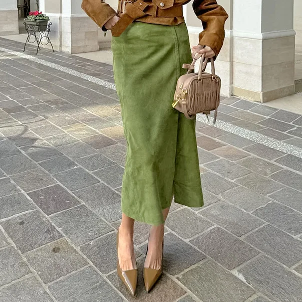 

Vintage Green Split Straight High-Waisted 2026 European And American Autumn New Slim-Fit Skirt