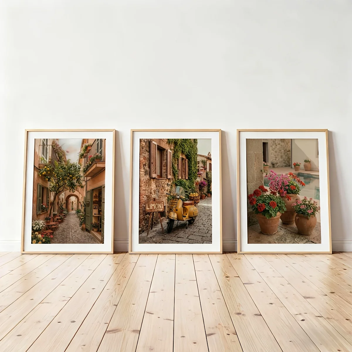 （Noframe 3PCS）-2D Flat, Frameless 3pcs Set, Italian Travel Scenery Wall Art Prints, Lemon And Floral Plant Potted, Motorcycle