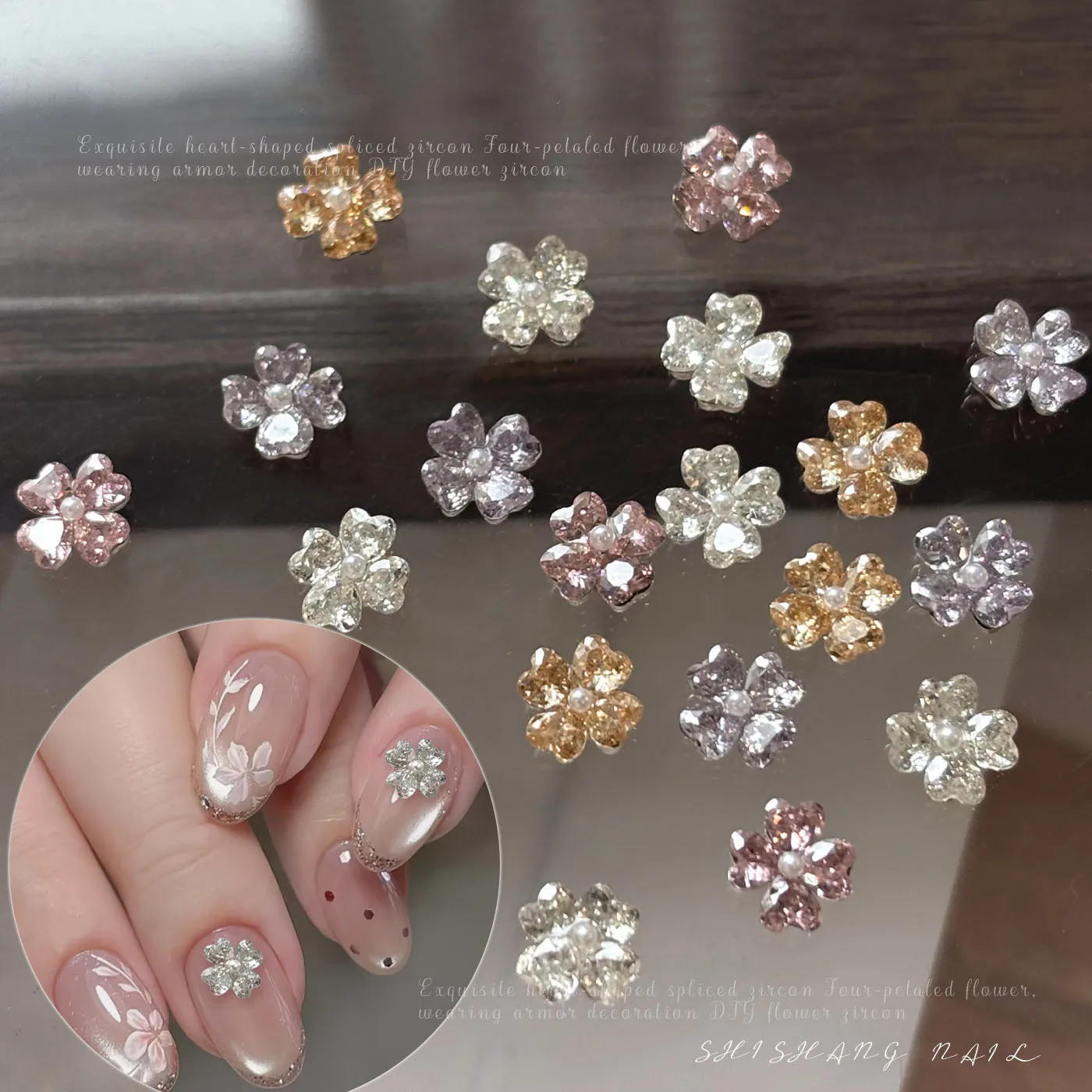 10pcs Crystal Flowers Nail Art Charms 3D Diamond Jewelry Parts Pink Clear Metal Manicure Decoation Rhinestones