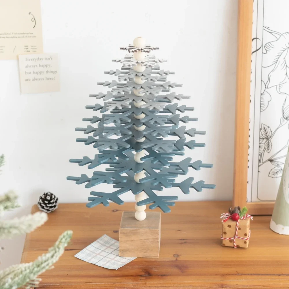 Creative Wooden Snow Mini Christmas Tree Building Block Ornament Collectible Figurines Rustic Home Holiday Tabletop Decor Gift
