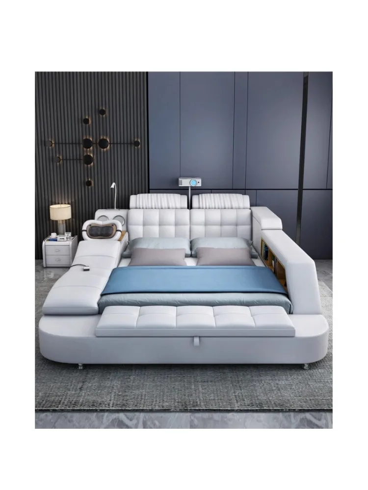 Multifunktionales Smart-Bett Elektrisch Verstellbares Lederbett Modernes Minimalistisches Massage-Tatami Hauptschlafzimmer Queen-Size Doppelbett