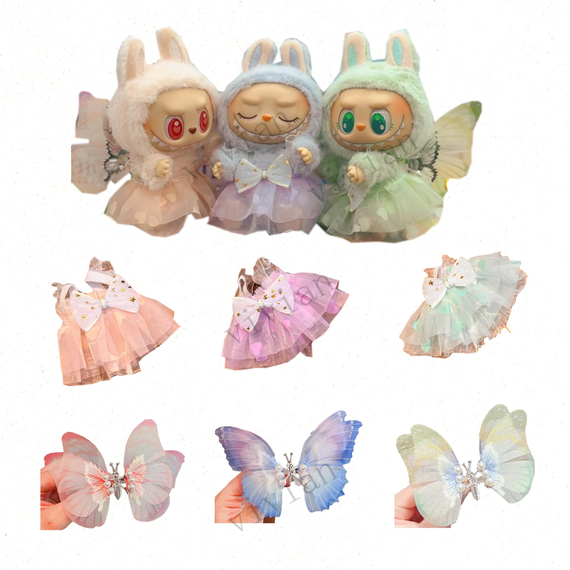 Mini Doll'S Clothes Outfit Accessories For 15cm Labubu V2 Love bow princess gauze skirt will move butterfly hairpin Clothing