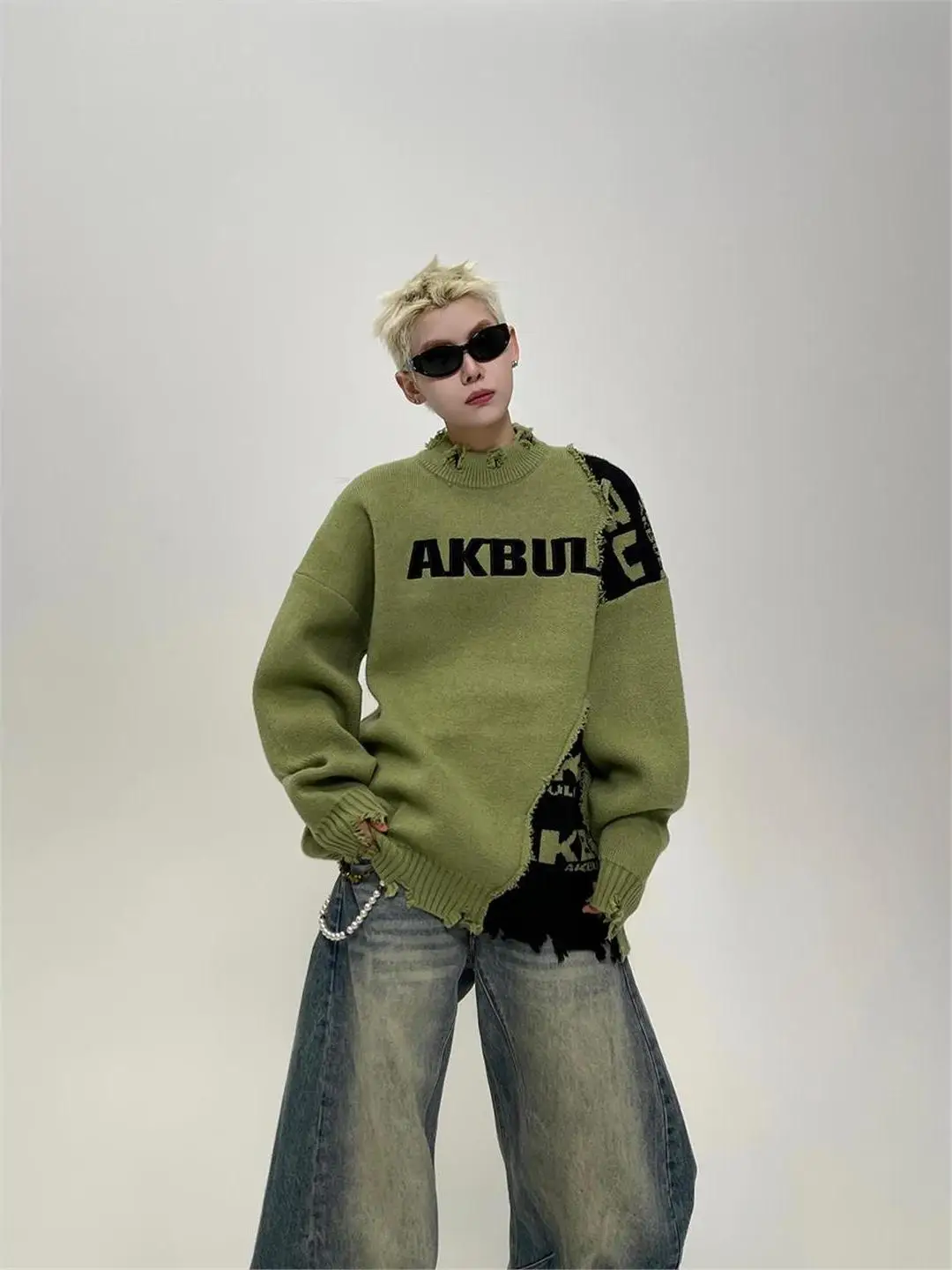 

Fall Winter Casual Loose Men's Knitted Sweater Couple Sle-destructive Aosphere Color Blo Warm Soft Medium Gauge Yarn