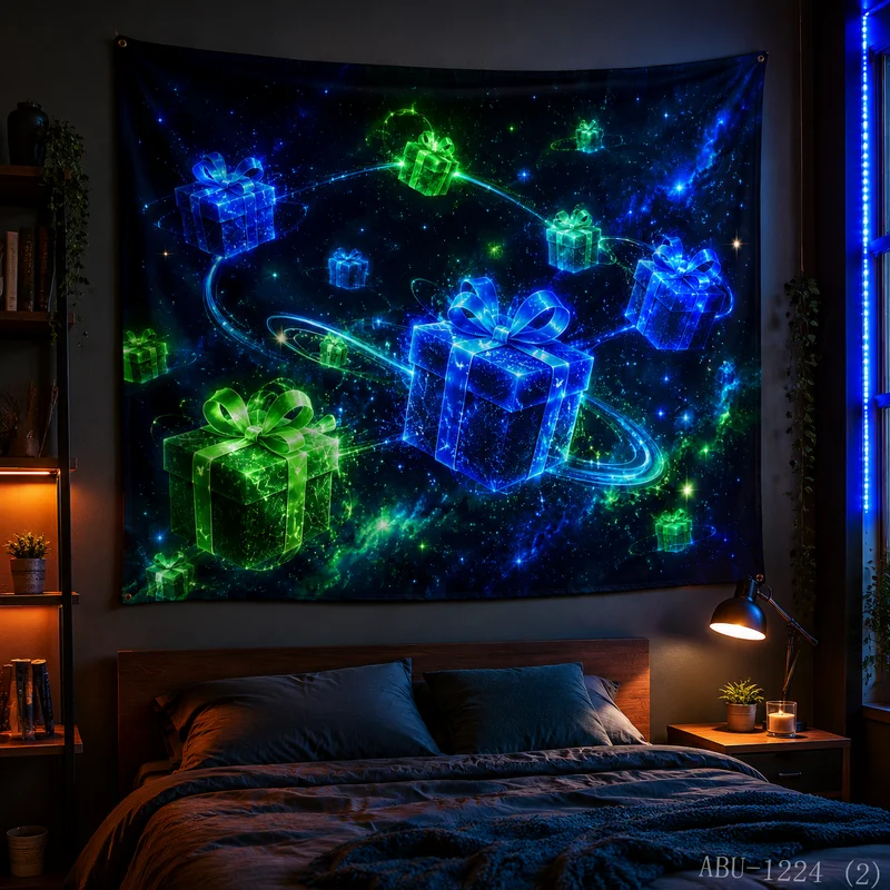 VIKAMA Neon Blue Green Gift Box Planet Orbit Galaxy Starry Space Present Christmas Tapestry Bedroom Living Room Dorm Home Decor