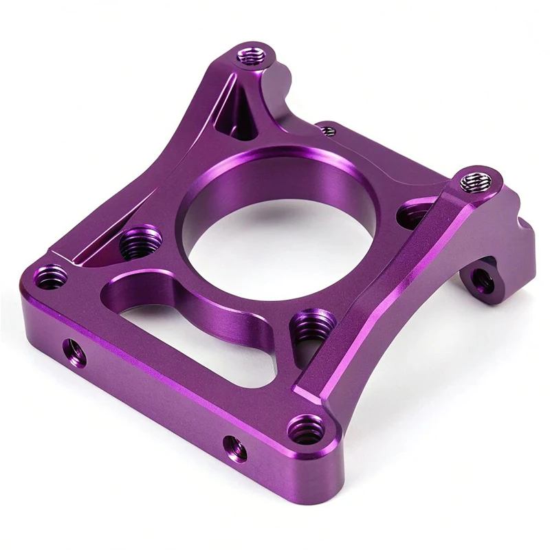 5-Axis CNC Machined 6061 Aluminum Hollow Reinforced Bracket Purple Hard Anodized Lightweight Mount Flange Base