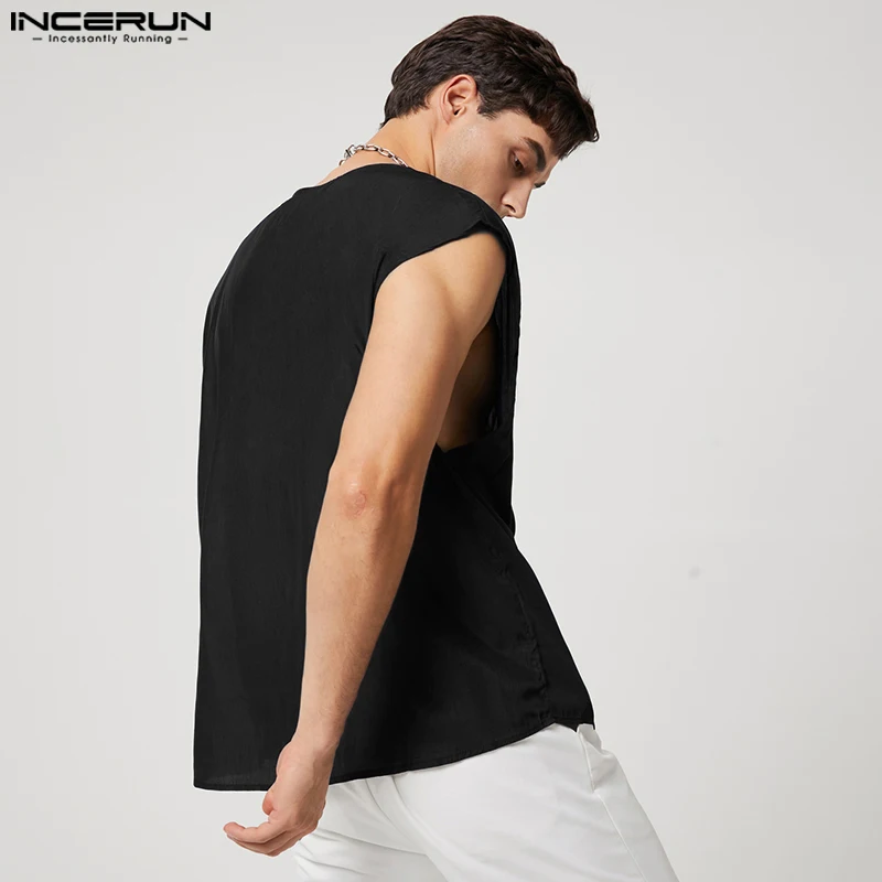 INCERUN Men Shirt Solid Color Sleeveless Streetwear Button Casual Men Clothing 2024 Summer Loose Fashion Camisa Masculina S-5XL