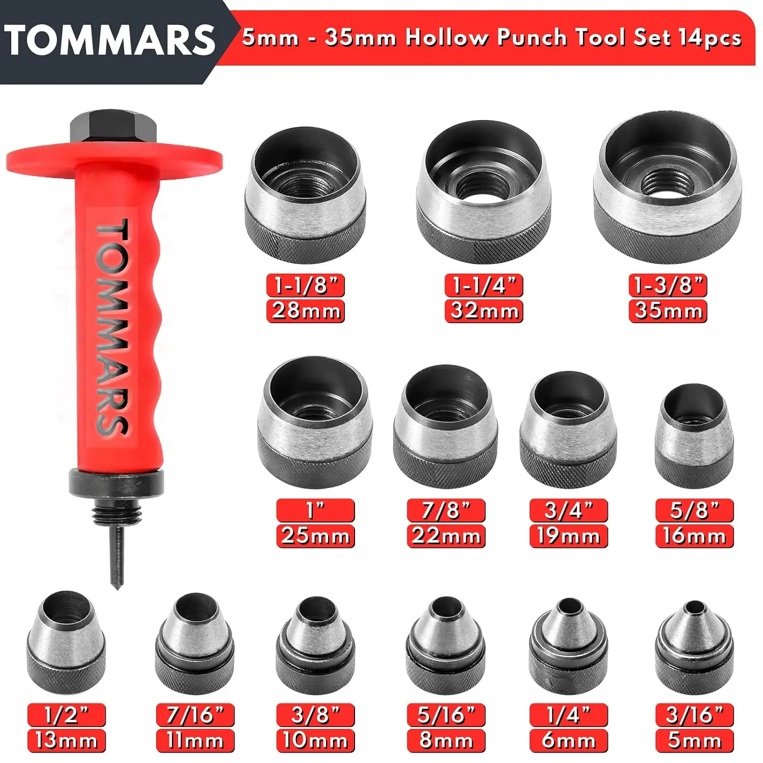 14-Piece Hollow Punch Set, 5-35mm Gasket Hole Cutter Kit, Alloy Steel, Spring-Loaded Pinpoint for Clean Round Holes in Soft Materials