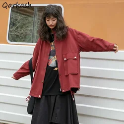 Jackets Women Vintage Trendy Solid Burgundy Preppy Girls Outerwear All-match High Quality Ladies Overcoat Preppy Cargo BF Style