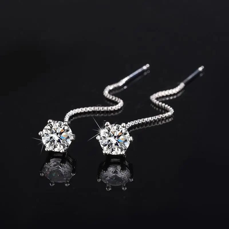 Round Moissanite Diamond Tassel Long Threader Earrings For Women Classic Six-Claw Ear Wire Jewelry 6mm
