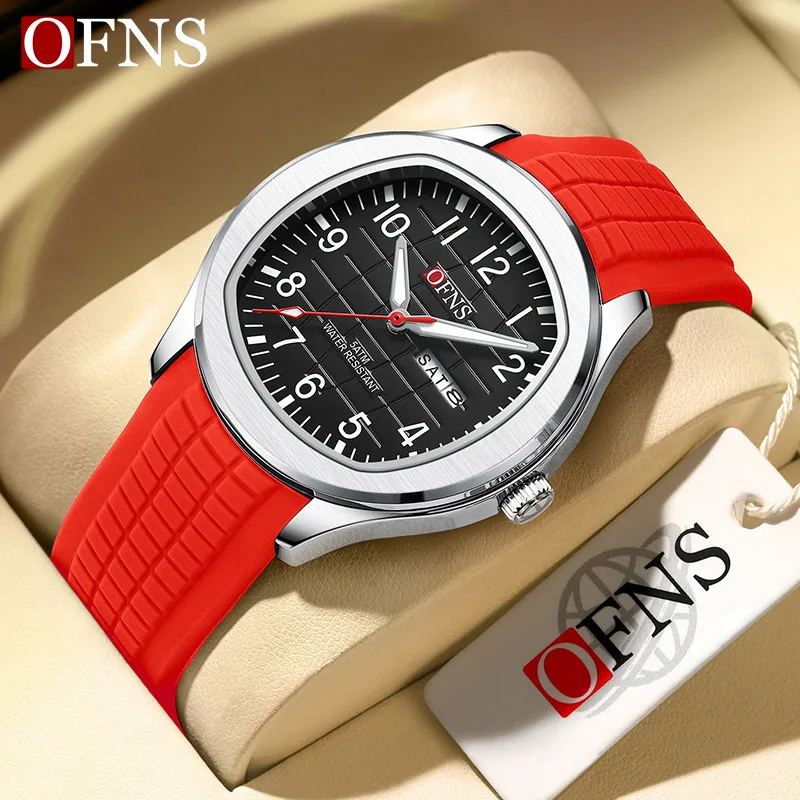 OFNS8018 Men's Business Quartz Watch Double Calendar Quartz Movement 50m Waterproof Night Light Pointer Mineral Tempered Glass