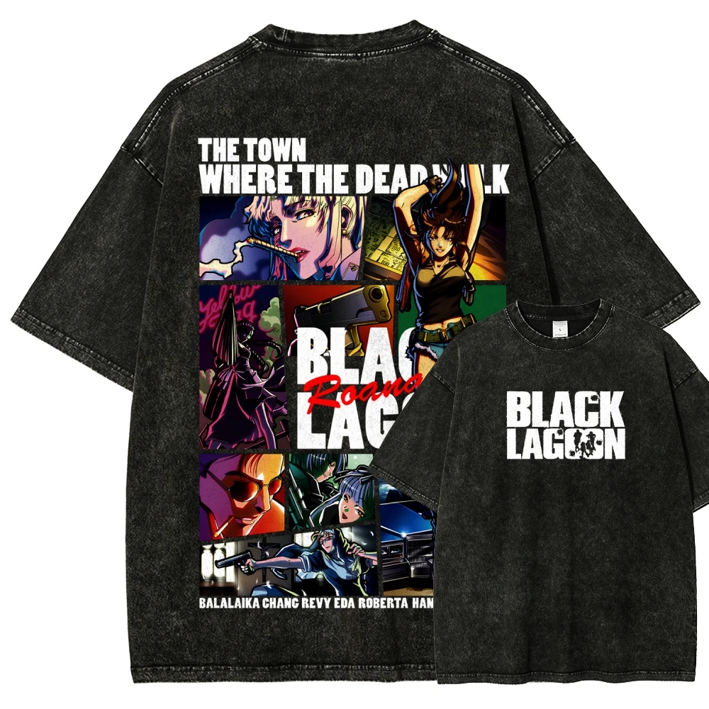 Black Lagoon Washed T-shirt 2026 New Model personality Clothes shirt Year round clothing Washed Vintage Loose soft high quality
