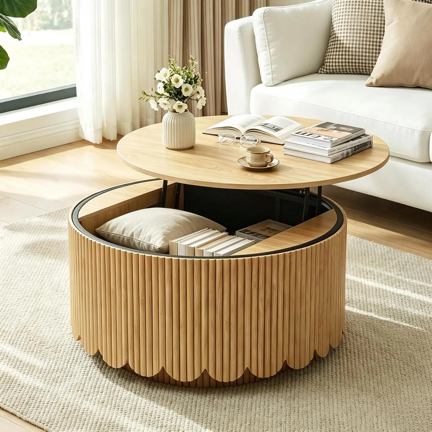 Fluted Round Lift Top Coffee Table with Storage for Living Room, Natural