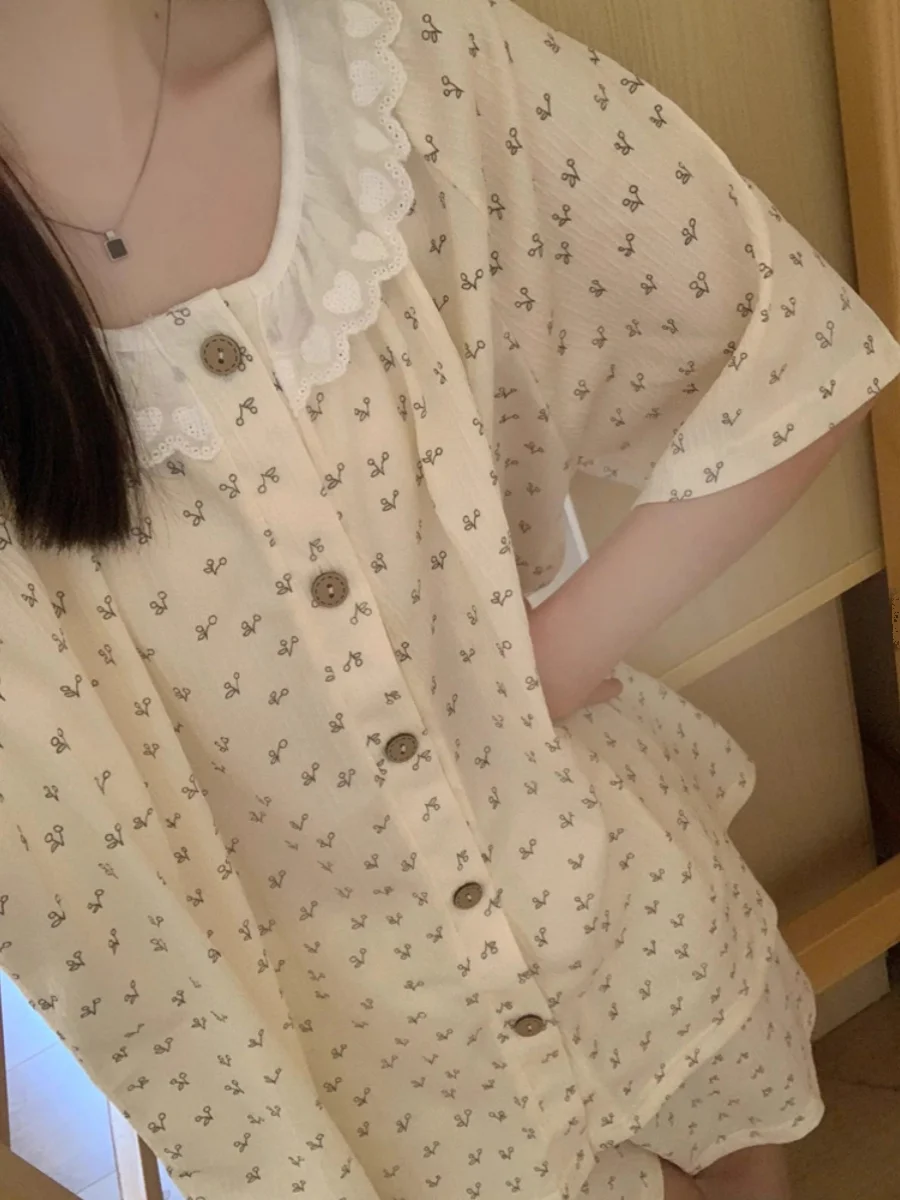 

Sweet Sle Korean Floral Print Cotton Pajamas Set ort Sve round Ne ort Pants Summer Home Clothes for Women