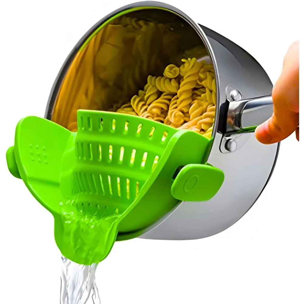 

Clip On Strainer for Pots and Pans - Collapsible Silicone Pasta Strainer and Kitchen Gadget for Cooking - Easy to Use, Heat Resistant and Space Saving Colander - Green