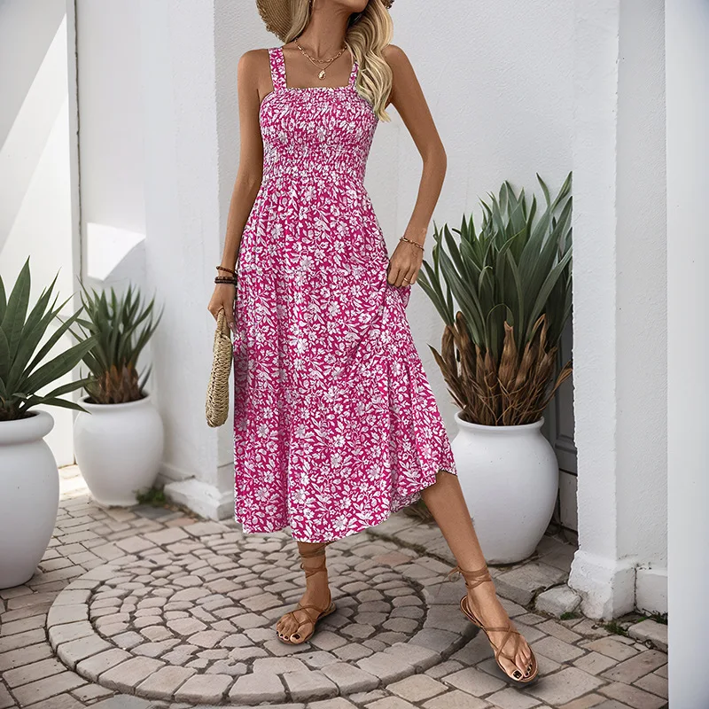 Elegant Floral Print Boho Women's Summer Long Dress Sexy Sleeveless Beach Sundress Casual Bohemia Backless Maxi Dresses Ladies