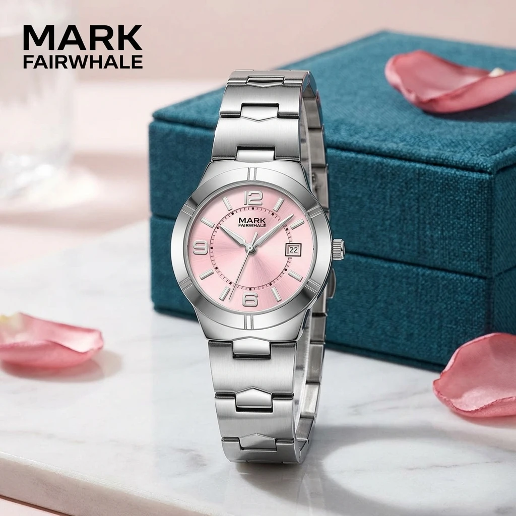 Mark Fairwhale Ladies Quartz Watch Round White Dial Day Date Window Two-tone Metal Link Bracelet Female Wristwatch
