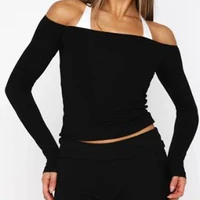 Women's Sporty Basic Off-Shoulder Top Casual Slim Fit Long Sleeve T-Shirt Stylish Solid Color for Fall