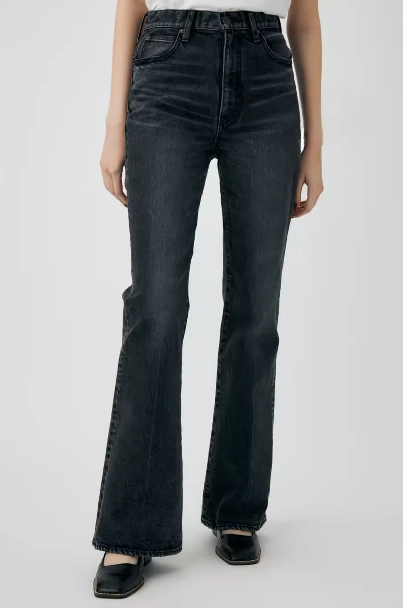 

High Waist Pure Color Straight Leg Bell Bottom Denim Jeans Women's Summer 2024 Washed Vintage Style High Quality Ladies Jeans