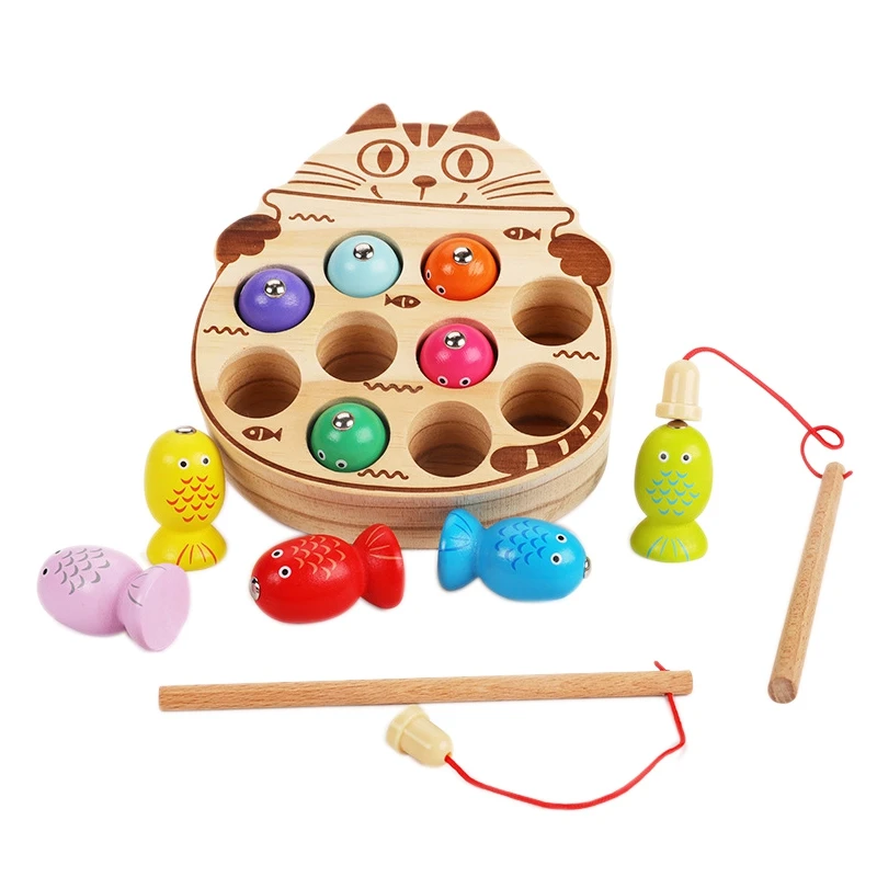 Jeu de pêche magnétique pour enfants, puzzle en forme de chat, planche de jeu en bois, jouets pour enfants