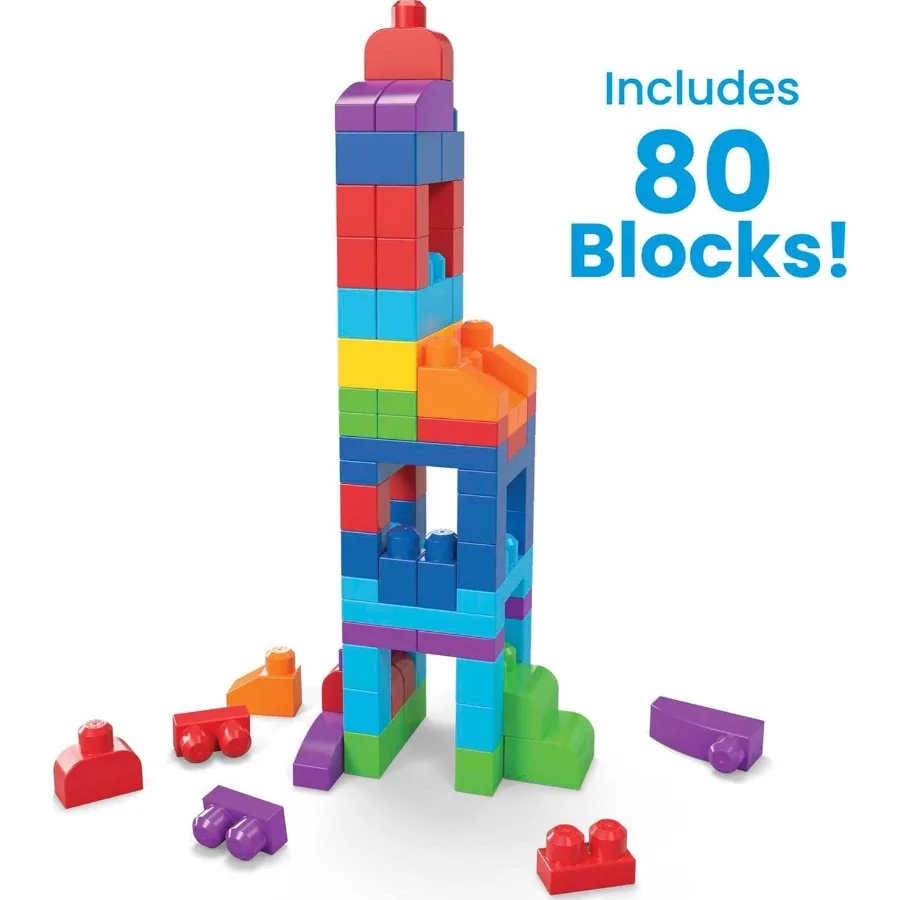 MEGA BLOKS Set di giocattoli per primi costruttori per bambini con 80 pezzi e custodia in blu, ideale per giochi creativi e iniziale