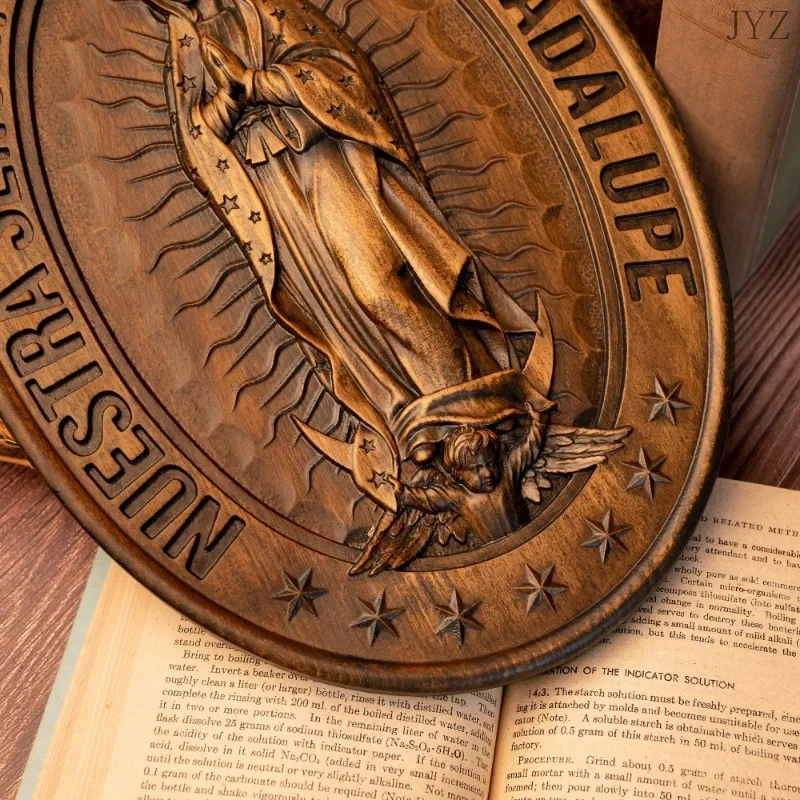 Virgin Mary of Guadalupe Statue Oval Wood Carving Ornament Catholic Religious Figure Gift