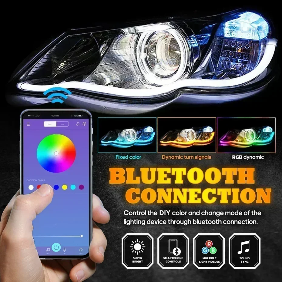 12V DRL Auto LED Tagfahrlicht APP Steuerung Flexible RGB Symphonie Fließende Blinker Streifen Scheinwerfer Dekorative Lampe