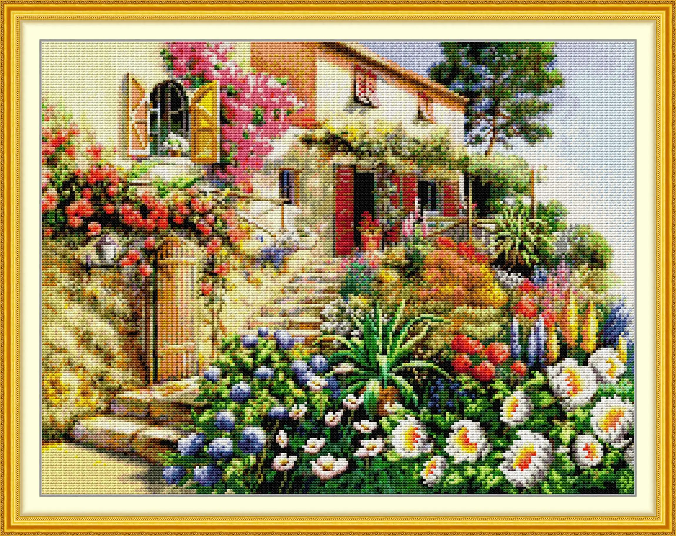 

Soulgift News Набор для вышивки крестом с предварительной печатью, штампованная ткань Аида с нитками DMC, набор для вышивания - Цветочная вилла