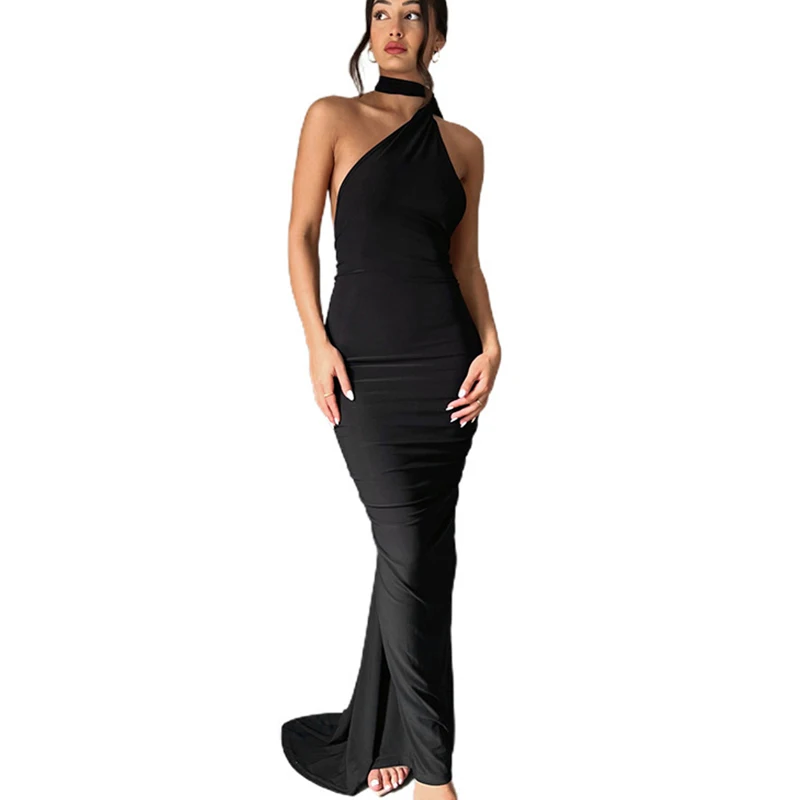 Europäische Sommer Mode Sexy Big Backless Diagonal Schulter Band Design Plissee Hüfte Taille Wischen Eine Schulter Lange Rock Kleid