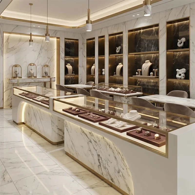 custom.Elegant Curved White Marble Jewellery Showcase with Gold Frame and LED Premium Retail Shop Direct