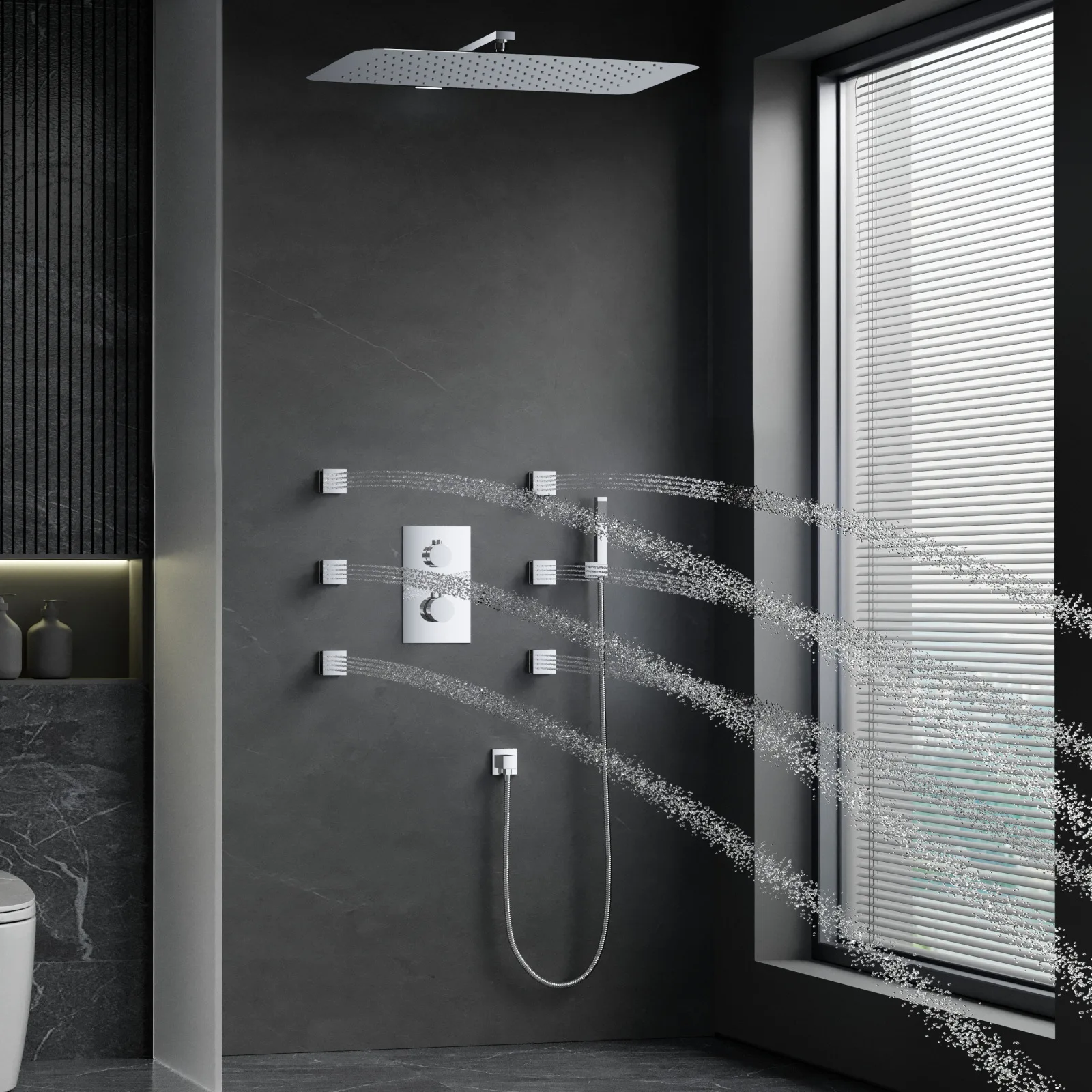 Chrome-plated ultra-thin 550X350mm shower head bathroom thermostatic concealed shower set into the wall