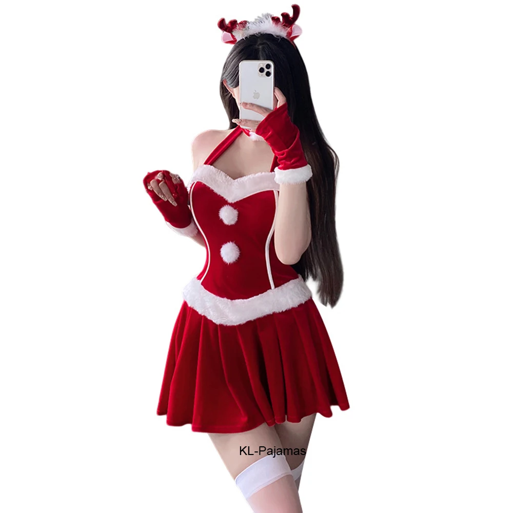 

Women Christmas Red Mini Velvet Dresses Lady Mrs.Claus Cosplay Suit Winter Sexy Lingerie Club Party Night Dress Maid Uniform Set