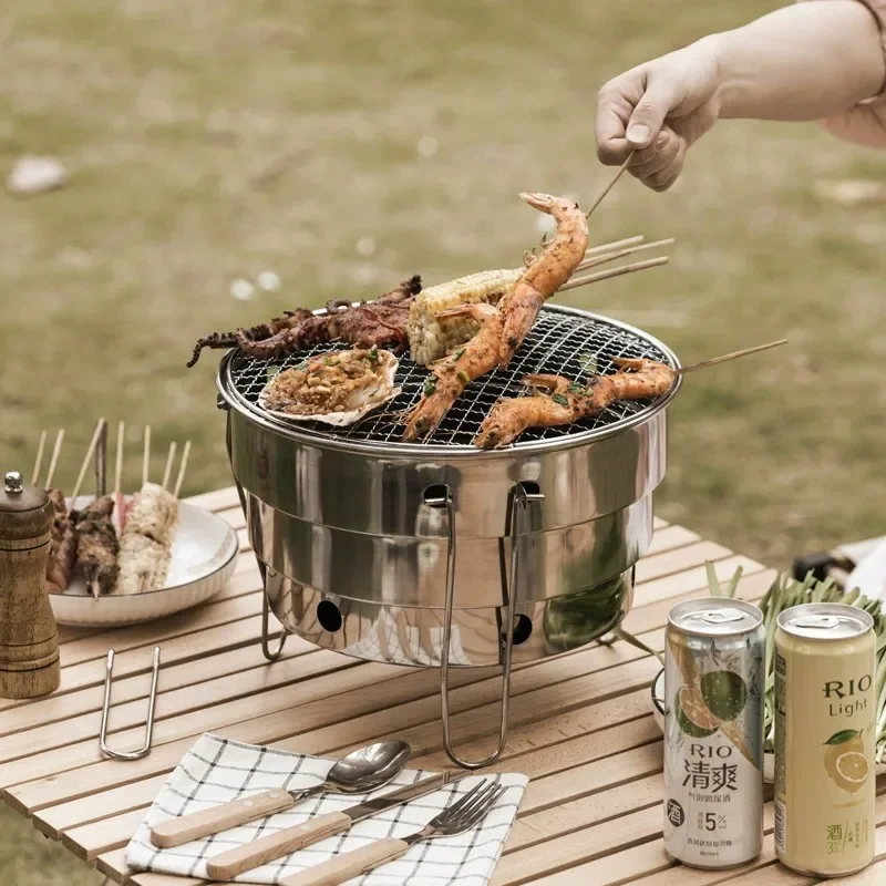 حفرة نار منقسمة محمولة قابلة للطي للشواء في الهواء الطلق ، الفولاذ المقاوم للصدأ ، لوازم الطبخ ، آلة شواء الفحم للنزهة ، معدات التخييم