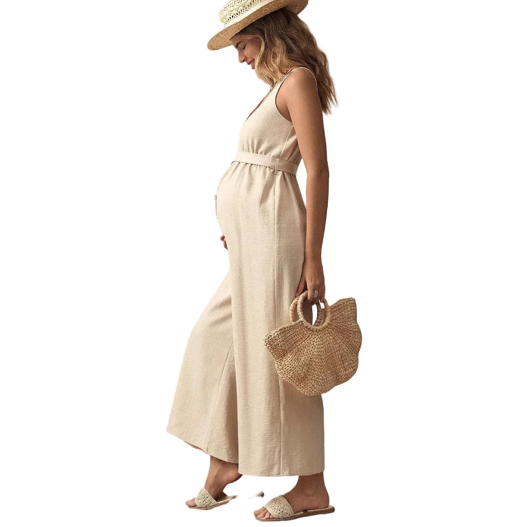 2025 Summer Maternity Pants Wear New Style - V-Neck Sleeveless Overalls with Adjustable Waistband Loose-Fit Long Denim Jumpsuit