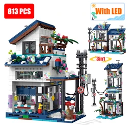 3in1 City Street View Modular Beach Villa Townhouse Retro Cabin with LED Light MOC Architecture Building Block Set Toys for Kids