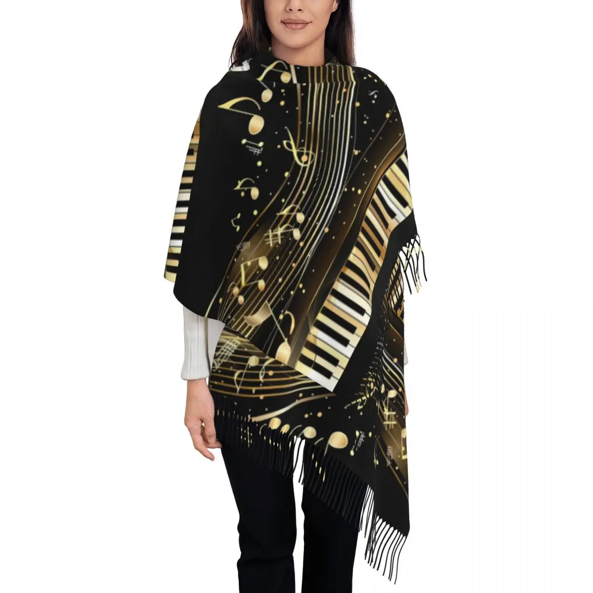 Music Note Piano Women's Pashmina Shawl Wraps Fringe Scarf Long Large Scarf