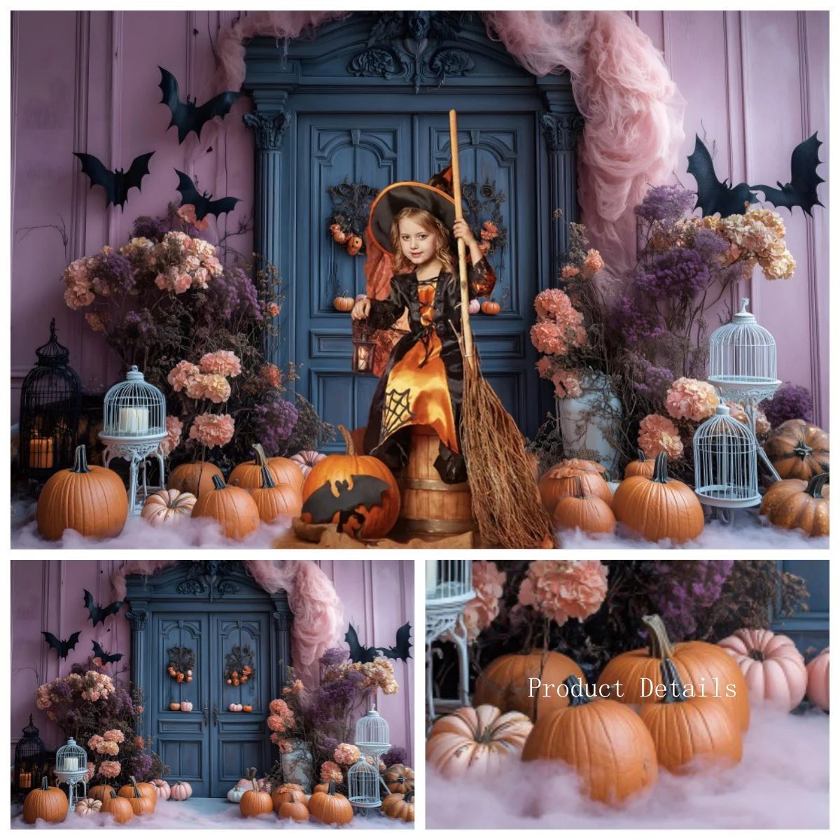 Halloween Decoration Backdrops Photography Wooden Door Pumpkin Floral Autumn Thanksgiving Birthday Party Background Photo Studio