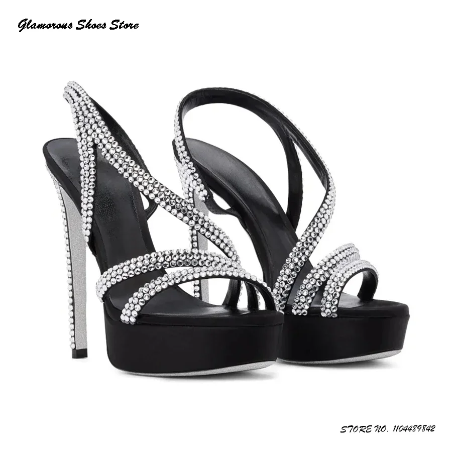 

Crystal-embellished Satin Platform Sandals Women's Round Open Toe Thin Heels Party Shoes Summer Trendy Banquet Pull On Stilettos