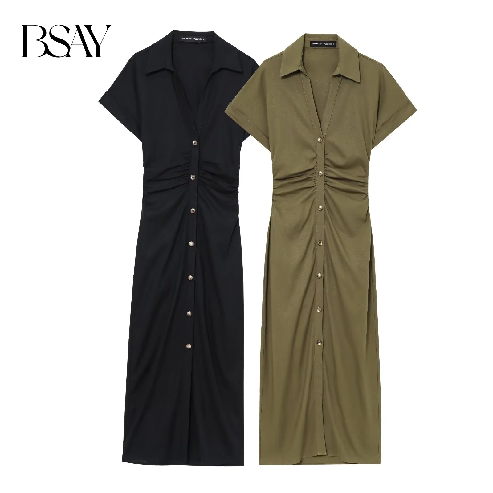 BSAY Leinenkleid für Damen, modisch, Sommer, kurzärmelig, einreihig, Revers, Midi-Kleider, französische schicke weibliche Abendkleidung