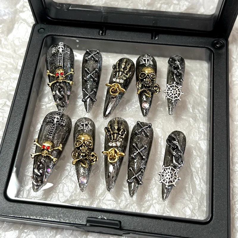 

Handmade Halloween False Nails Tips Glittery Punk Skull Press On Nail Y2K Long Stiletto Coffin Reusable Fake Nail With Glue Gift