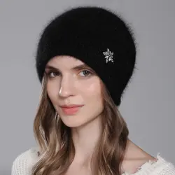 CNTANG Hut Für Frauen Winter Warme Mode Mit Diamant Blume Beanies Gestrickte Angora Lange Kaninchen Fell Hüte Doppel Schicht Damen kappe