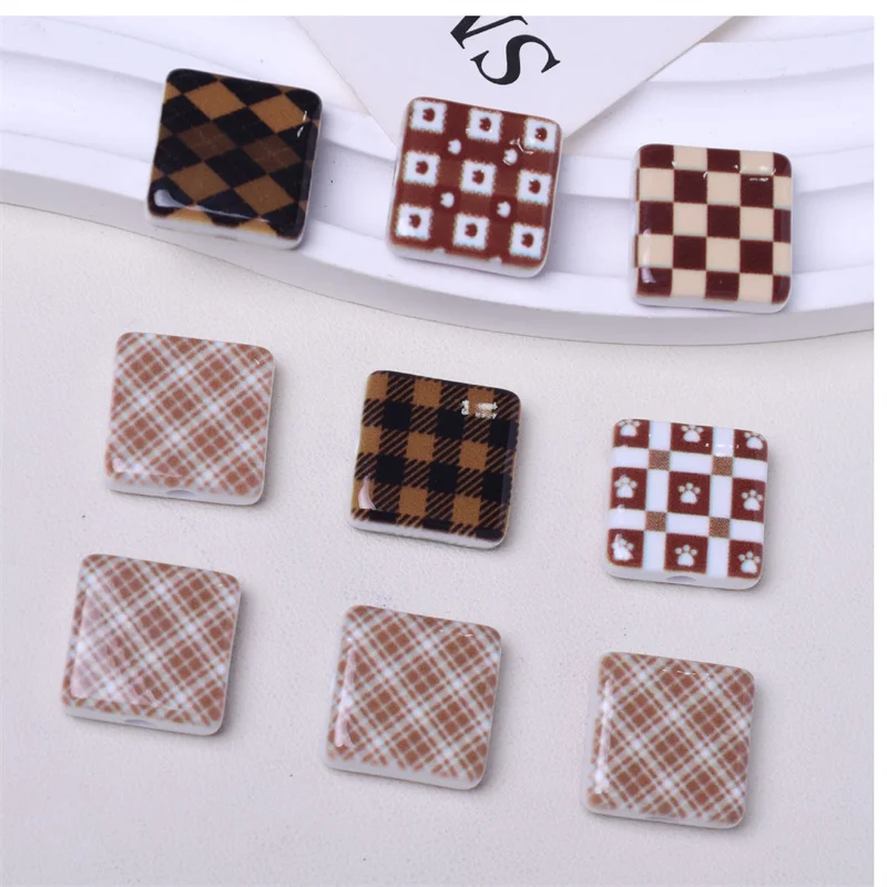 New arrived 100pcs/lot 16mm color lattice pattern print geometry square shape straight hole beads diy jewelry garment accessory