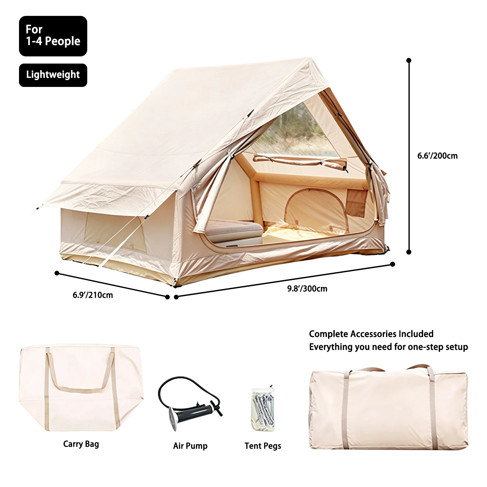4 Season Inflatable Camping Tent for 3-4 People,  Cream Color Automatic Ridge Air Tent, Waterproof Glamping House, OEM